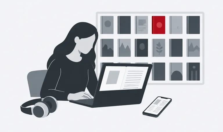 Ilustração de uma estudante lendo um e-book no notebook e no celular, com a estante digital ao fundo