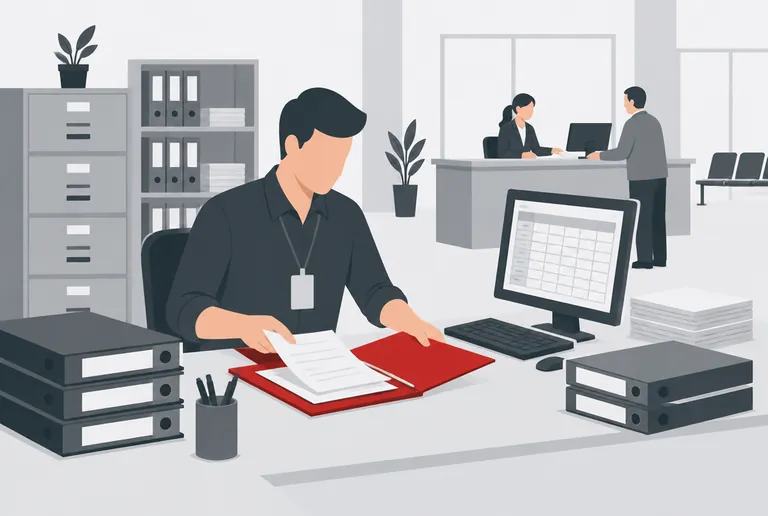 Assistente administrativo organiza documentos numa repartição pública.