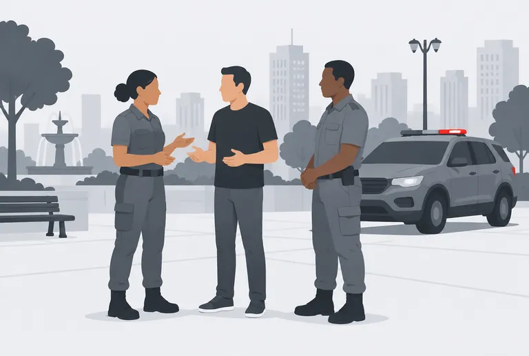 Dois agentes de segurança conversam com um cidadão numa praça.