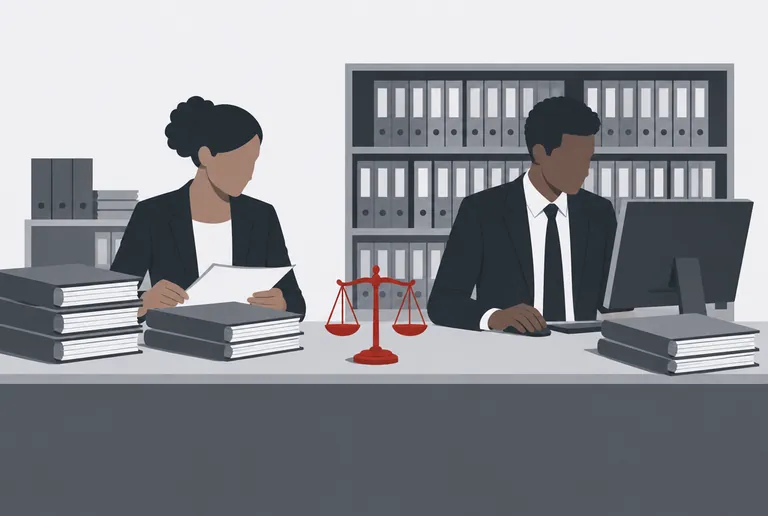 Servidores no balcão de atendimento de um cartório judicial, com processos e uma balança da justiça.