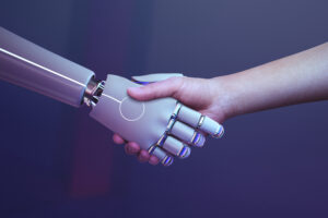 Mão robótica cumprimenta humano