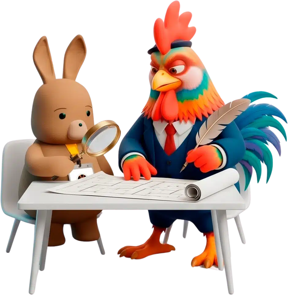 Legalinho e Legalo, os personagens da Legale, sentados à mesa sobre um plano