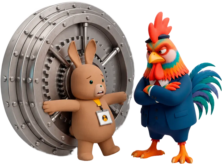 Legalinho e Legalo, os personagens da Legale, sentados à mesa sobre um plano